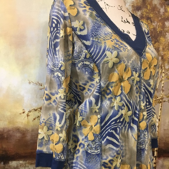 EUC LIOR PARIS EUC Pretty  Blue/Yellow Lined Top - Picture 4 of 11